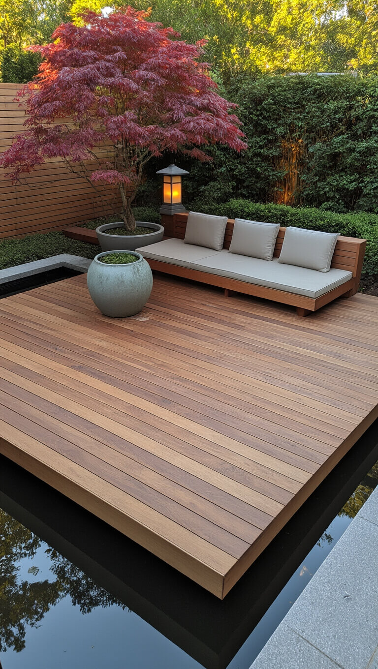 Low-angle view of a 300 sq ft Zen meditation deck with herringbone Ipe wood, platform seating, ceramic planter with Japanese maple, stone lanterns, and koi pond reflection in early morning light.