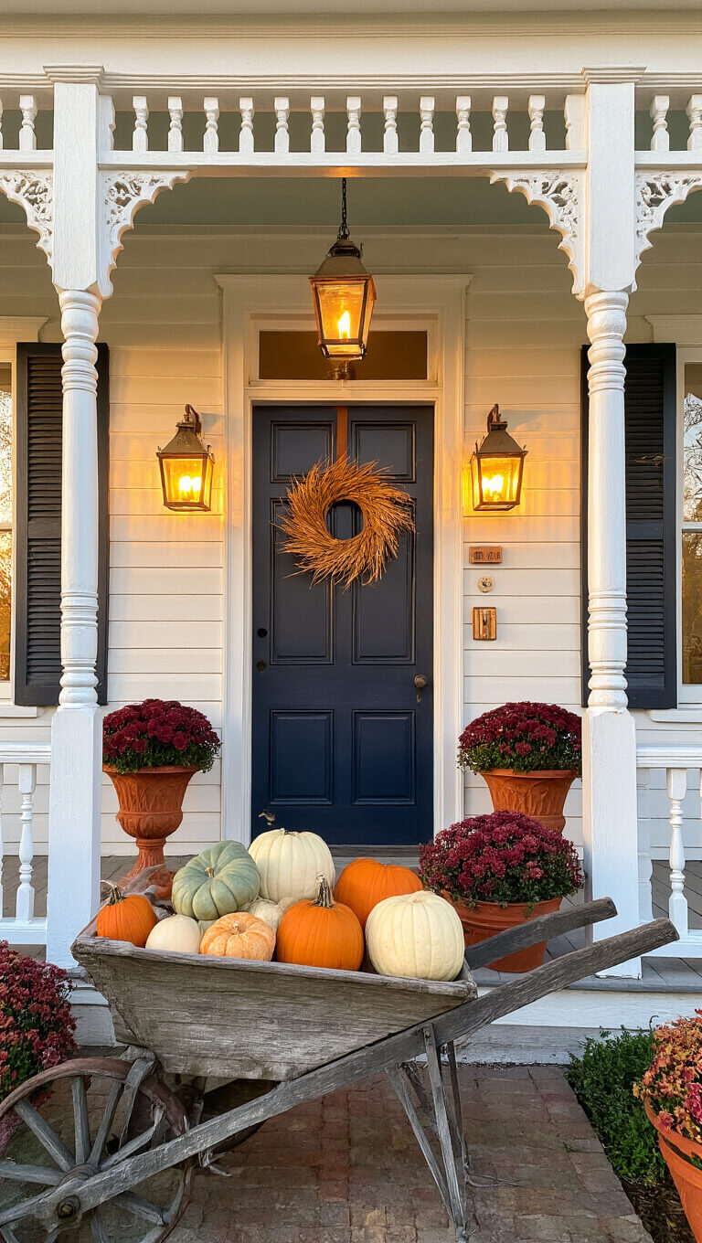 Victorian wraparound porch in warm autumn light, featuring heirloom pumpkins in a vintage wheelbarrow, copper lanterns, burgundy mums, and a navy door with a wheat wreath.