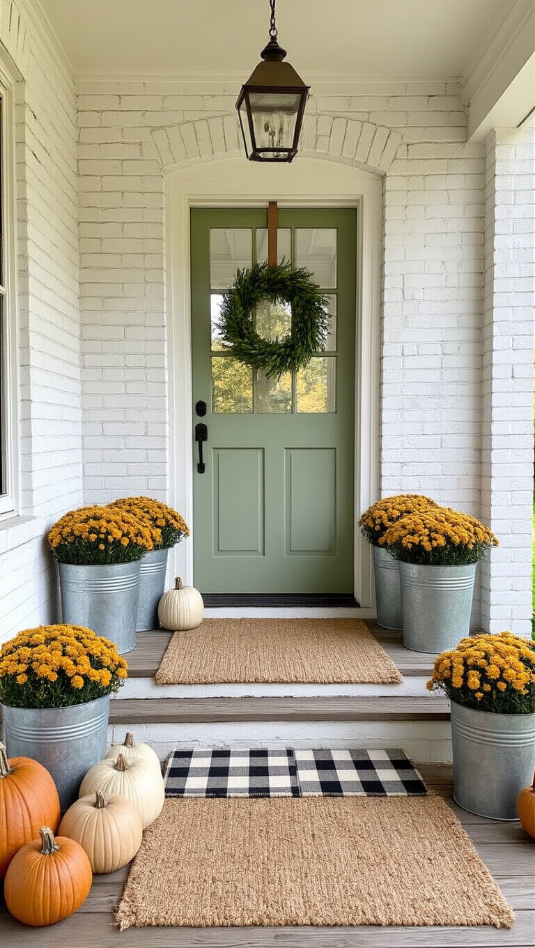 Rustic farmhouse porch with sage green door, magnolia wreath, galvanized buckets of amber chrysanthemums, layered jute and buffalo check doormats, and heirloom pumpkins on wooden steps.