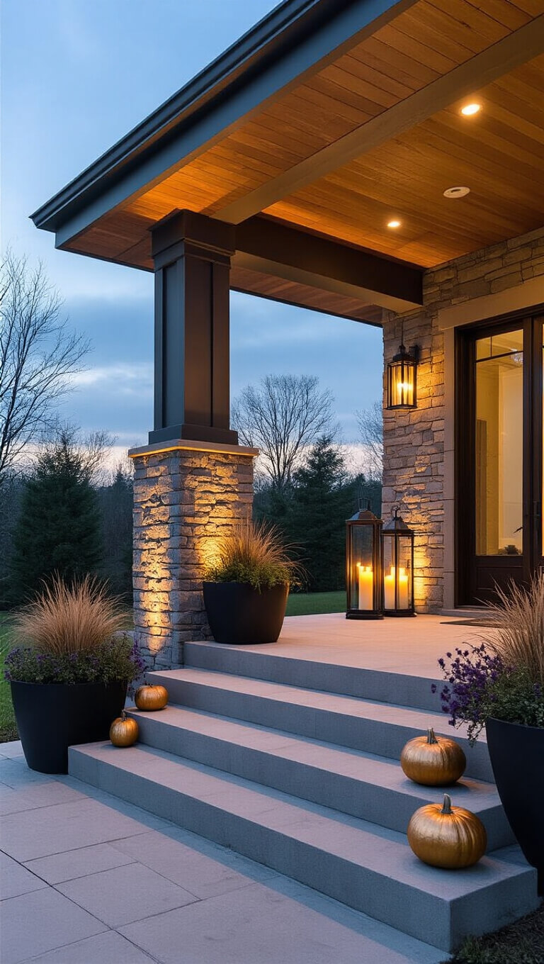 Modern craftsman porch at dusk with uplighting on stone pillars, vaulted cedar ceiling, black lanterns with pillar candles, charcoal planters with ornamental grasses and asters, ghost pumpkins and metallic gourds on concrete steps.