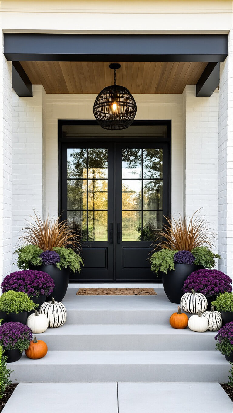 Contemporary farmhouse entry with black-framed porch, glass-paneled door, and decorative planters featuring kale, bronze grass, and purple mums; white and striped pumpkins arranged on concrete steps.