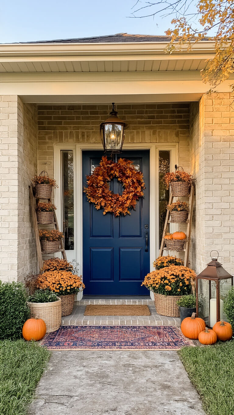 Ranch-style covered entry at golden hour with greige painted brick, navy door with oak leaf wreath, vintage ladder holding autumn foliage and pumpkins, copper lanterns, and layered textured rugs.