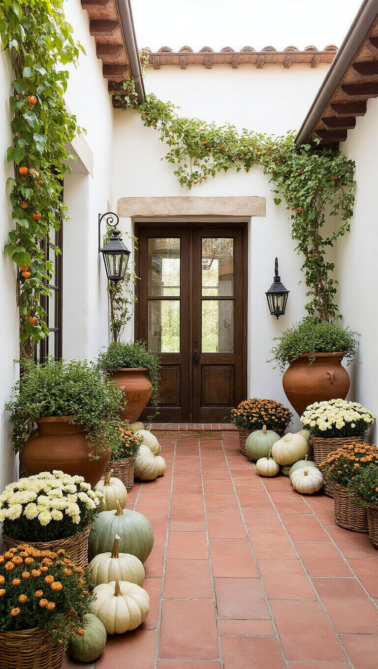 Mediterranean-style courtyard with terracotta tiles, white stucco walls, iron urns of mums and pepper plants, vintage baskets of pumpkins, and wrought iron lanterns casting shadows.