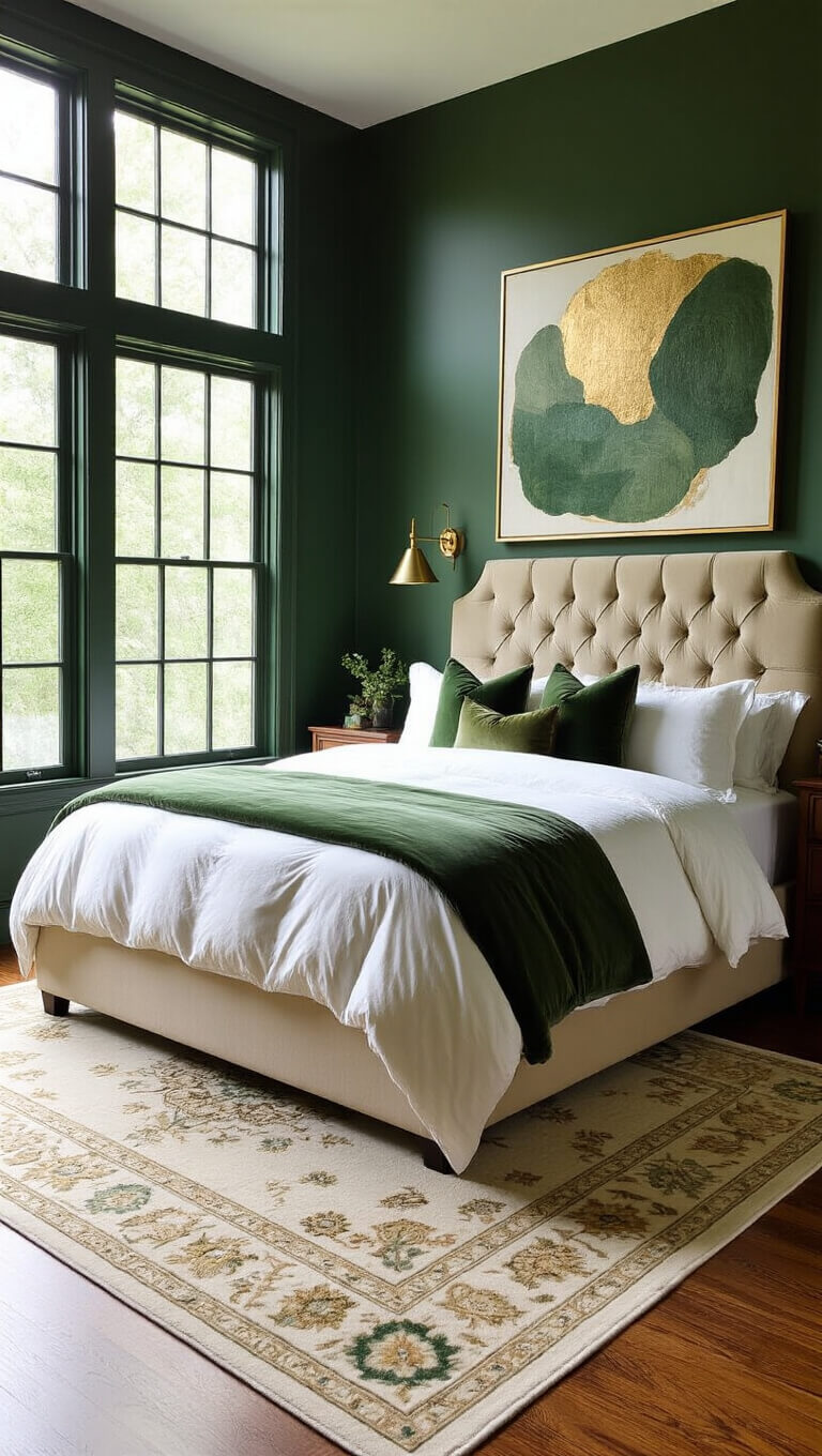 Elegant bedroom with forest green walls, champagne velvet tufted bed, white linens, sage pillows, brass sconces, abstract emerald artwork, and morning light from floor-to-ceiling windows.