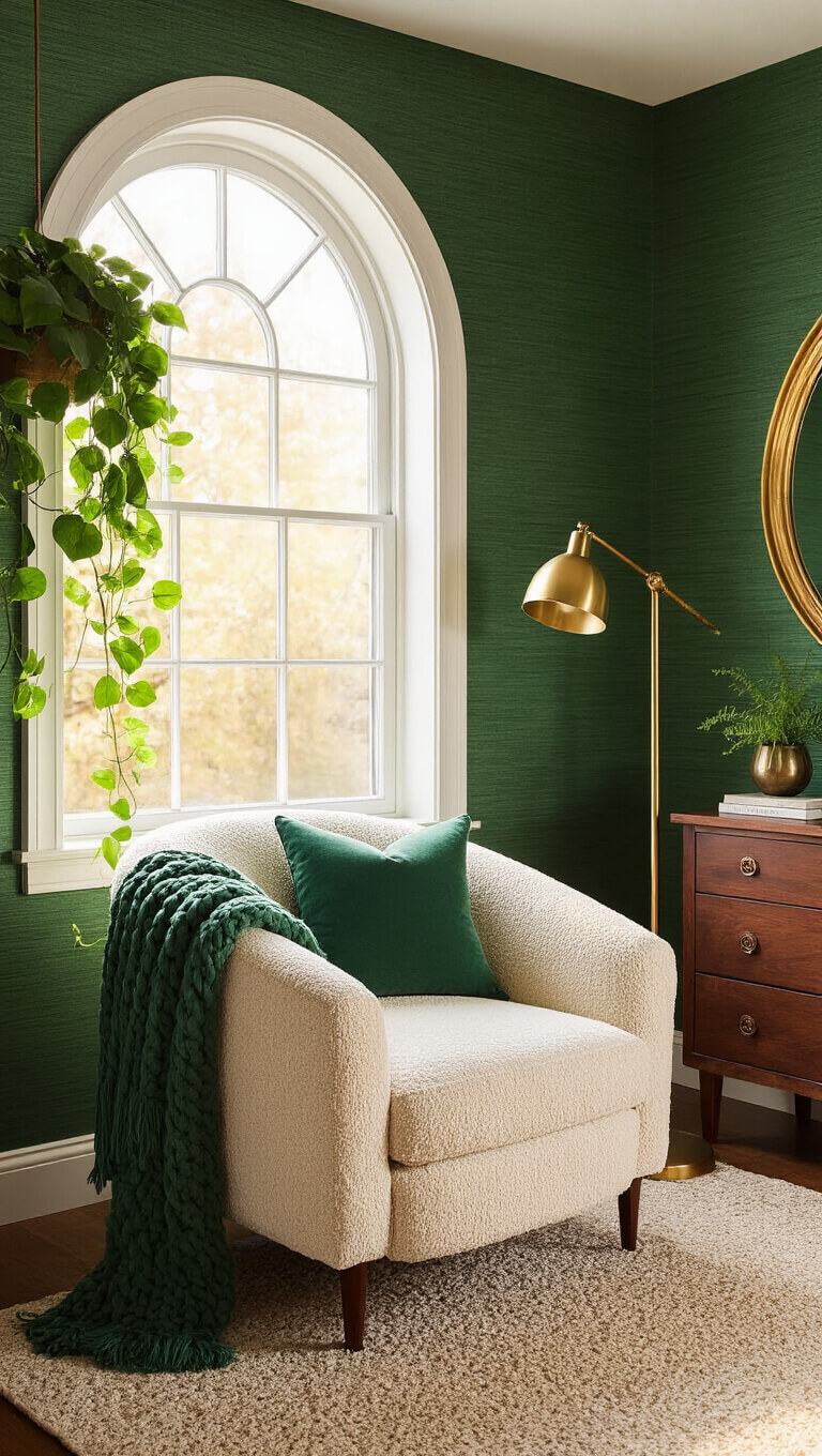 Cozy bedroom reading nook with emerald green accent wall, cream boucle chair by arched window, brass lamp, moss green knit throw, vintage mirror, pothos plant, and wooden side table in golden hour light.