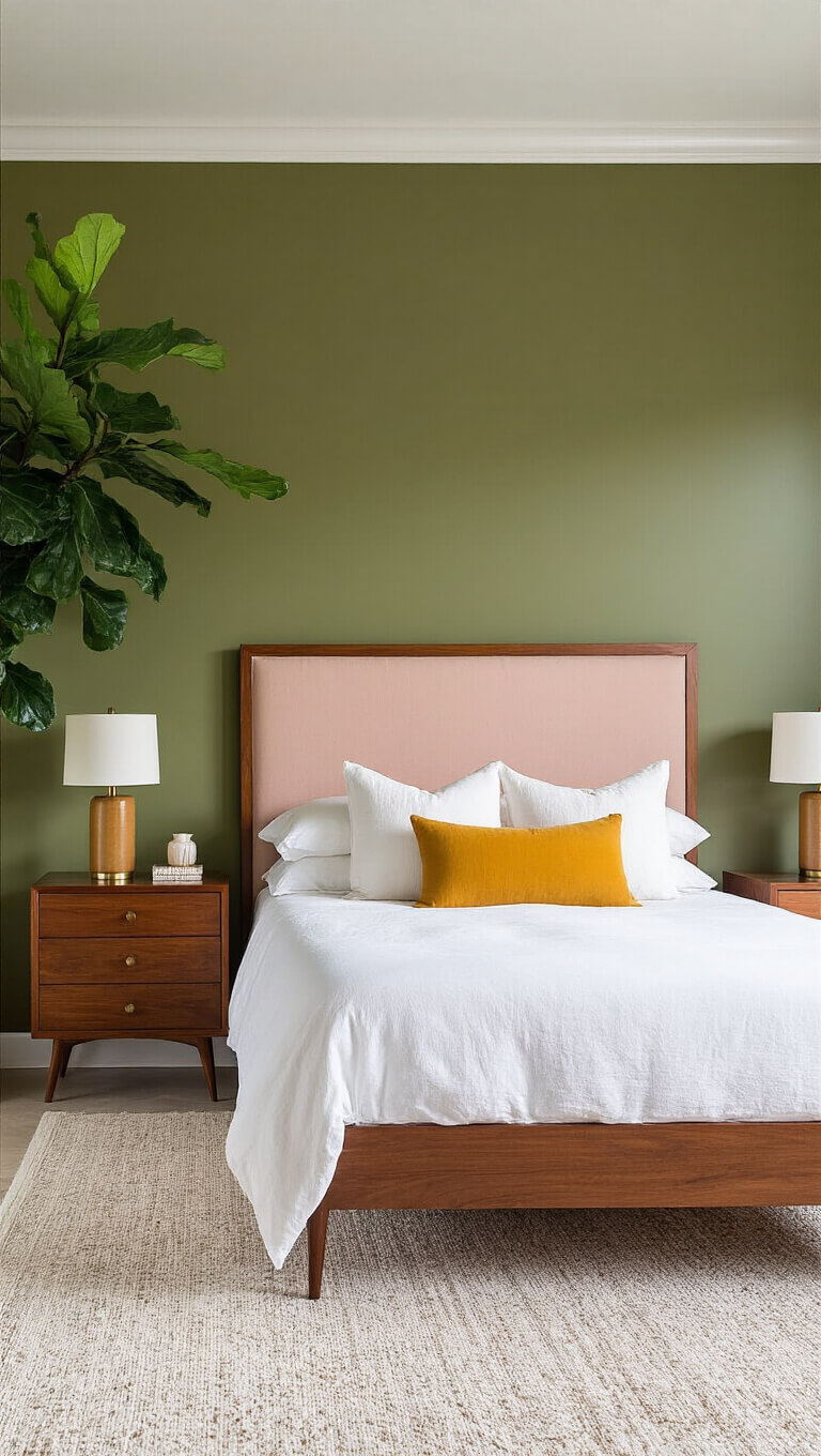 Mid-century modern bedroom with olive green walls, walnut furniture, blush pink headboard, mustard pillows, and a fiddle leaf fig tree, lit by diffused daylight.