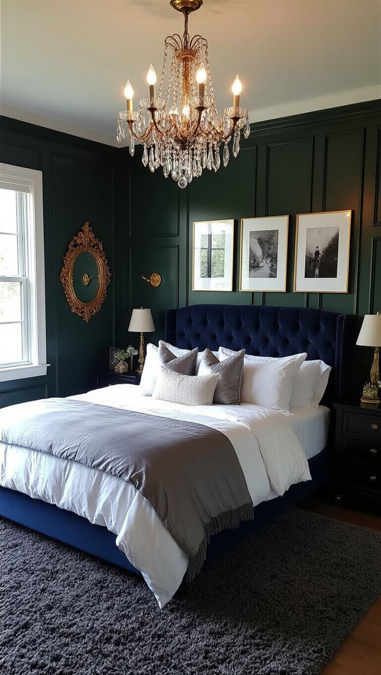 Luxurious master bedroom with dark green paneled walls, navy velvet bed, crystal chandelier lighting, antique gold mirrors, black and white gallery wall, and plush charcoal carpet.