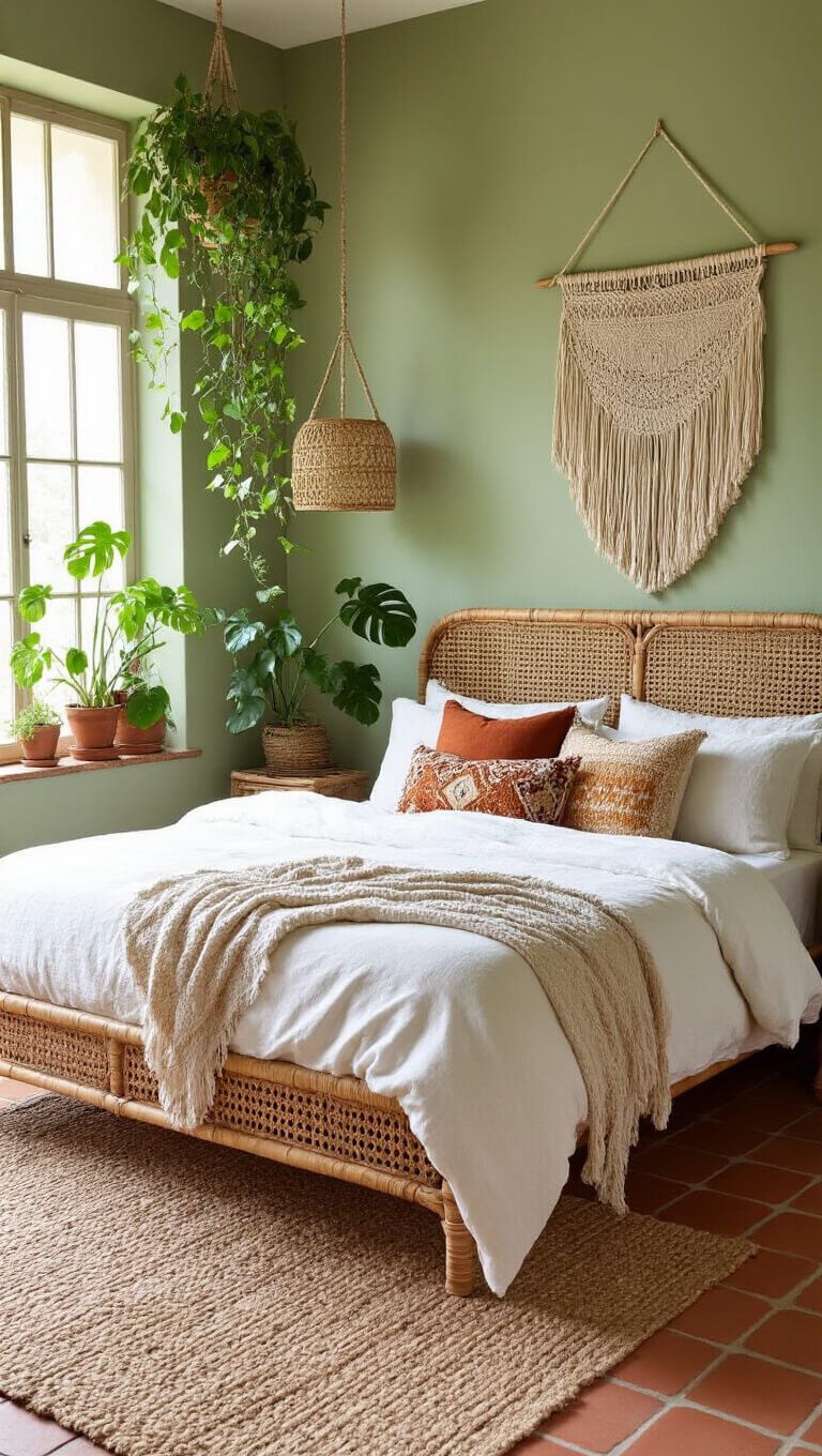 Bohemian bedroom with sage green walls, rattan bed, white linens, vintage pillows, macramé wall hanging, potted plants, jute rug, and terracotta tile floor in bright afternoon light.