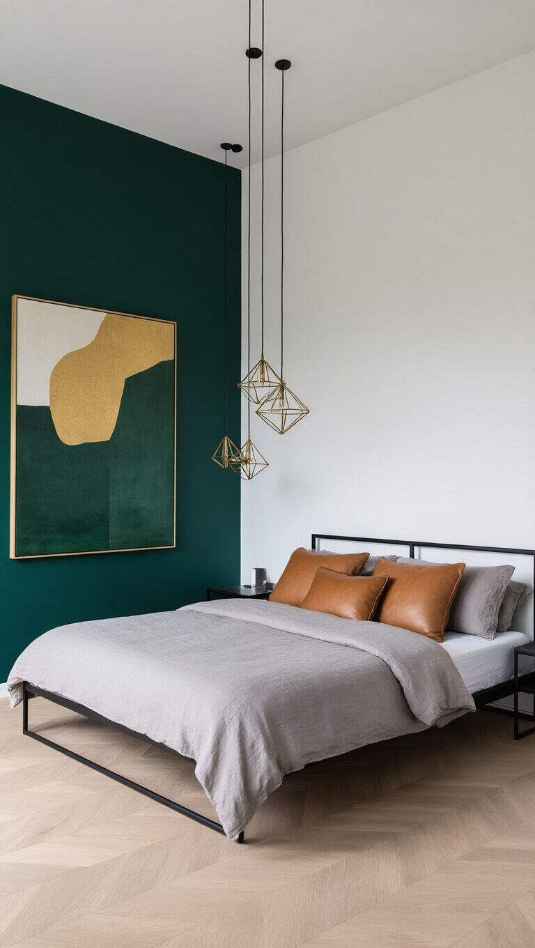 Modern minimalist bedroom with emerald accent wall, black metal bed frame, grey bedding, camel pillows, brass pendant lights, abstract green and gold art, and pale oak floor.