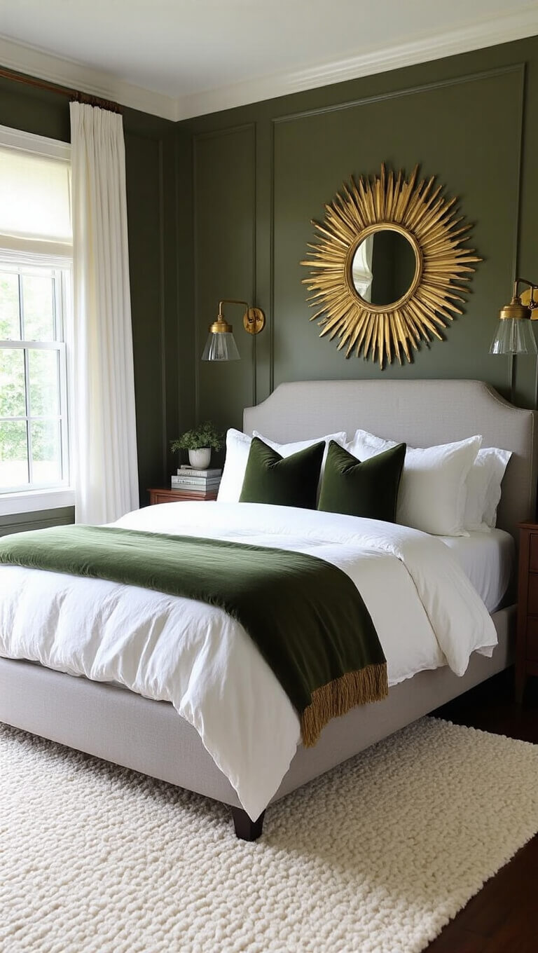 Transitional bedroom with dark olive walls, white wainscoting, grey upholstered bed, white bedding, green pillows, gold blanket, brass sunburst mirror, glass sconces, ivory rug, and dark hardwood floors.