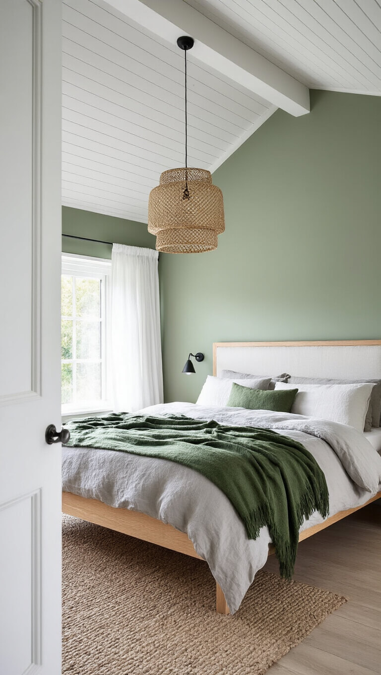 Scandinavian bedroom with sage green walls, light oak bed, grey bedding, moss green throws, rattan pendant light, and white sheer curtains.