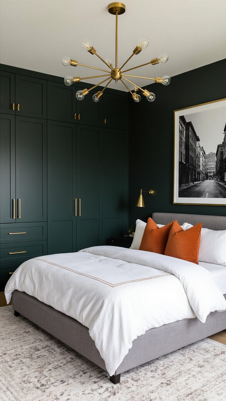 Contemporary bedroom with dark green built-in wardrobes, brass hardware, grey platform bed with white and burnt orange bedding, modern brass chandelier, and black and white wall photography.