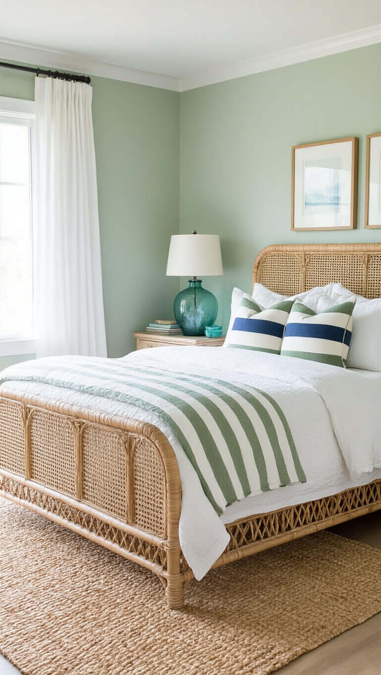 Coastal bedroom with sage walls, rattan bed, white eyelet bedding, striped pillows, seagrass rug, and blue-green glass lamps.