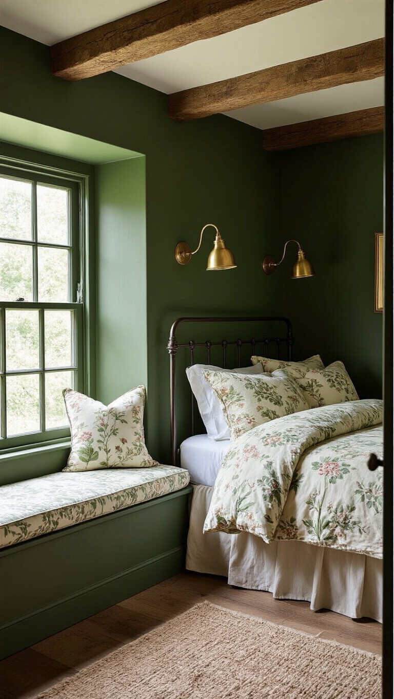 Cozy English cottage bedroom with forest green walls, exposed wooden beams, iron bed with vintage floral bedding, brass reading lamps, and botanical print window seat.