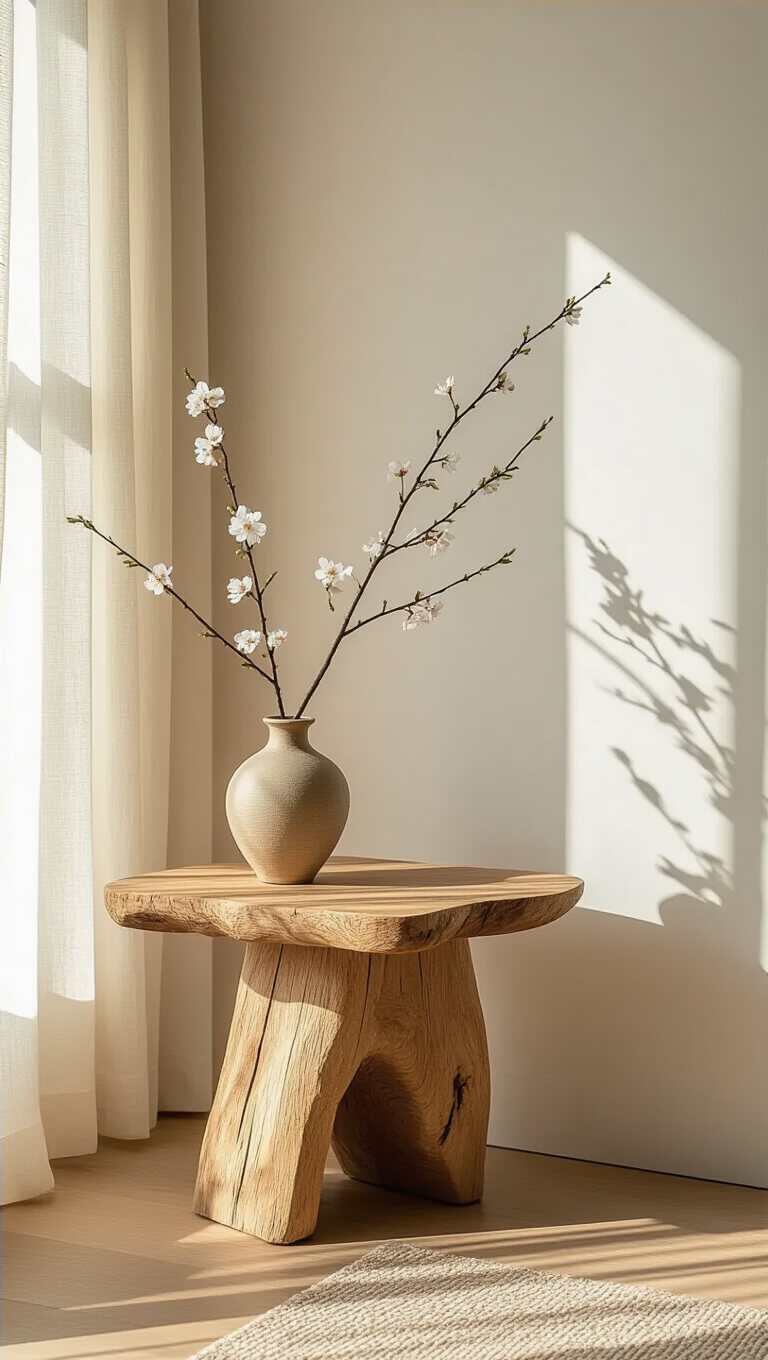 Minimalist sunlit living room corner with asymmetrical oak wabi sabi side table, ceramic vase, and cherry blossom branch, bathed in golden hour light through sheer curtains.