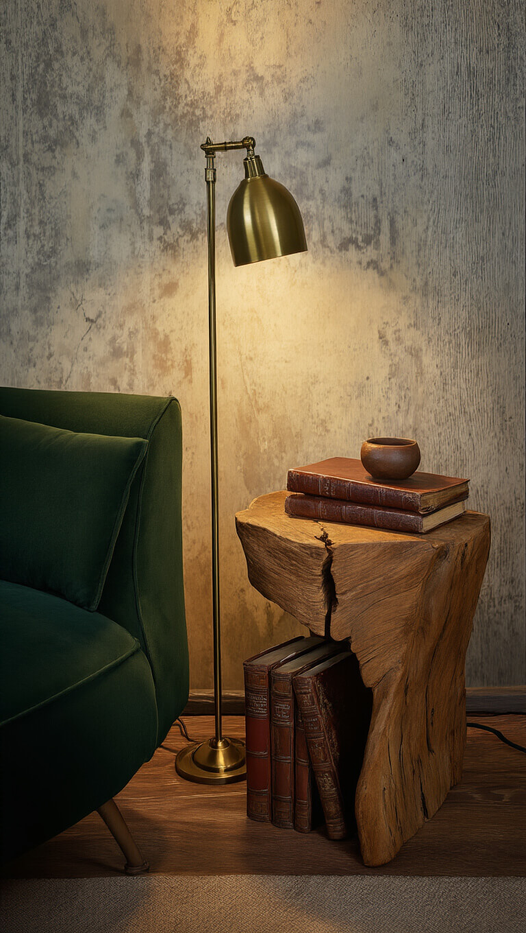 Cozy 8x10ft reading nook at dusk with reclaimed teak wabi-sabi side table, brass floor lamp casting warm light on vintage books and ceramic tea bowl, dark green velvet chair partially visible, rich earth tones and textured materials throughout.
