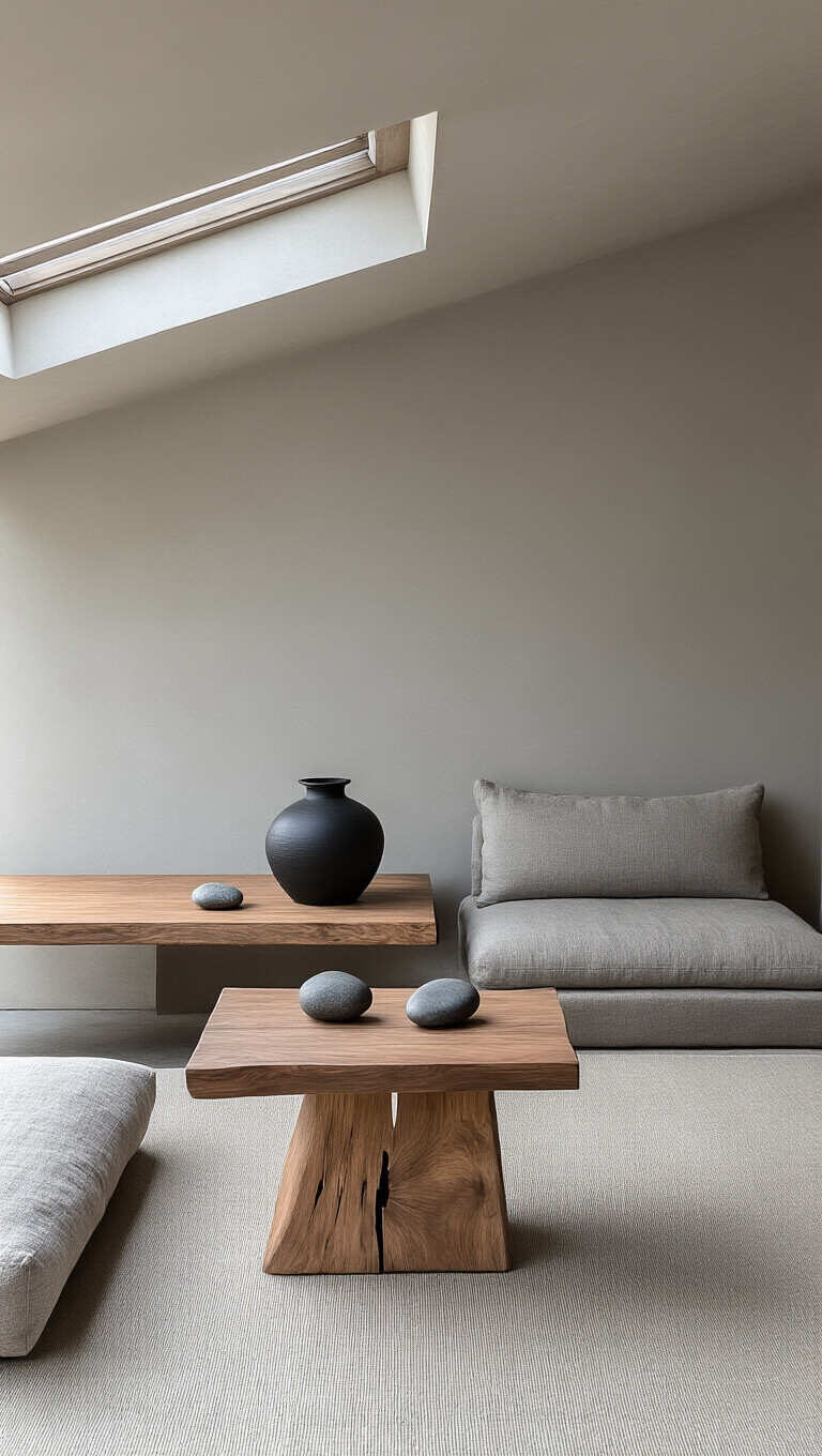Zen-inspired 15x18ft living space with low-profile linen sofas, raw-edge walnut side table, skylight lighting, and minimalist decor in warm grays and charcoal tones.