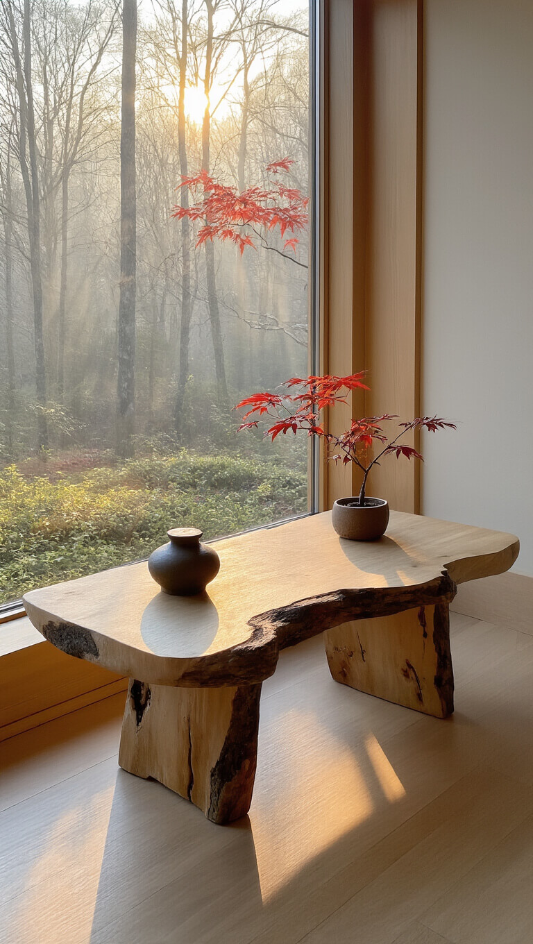 Bird's eye view of a wabi sabi maple side table with natural bark edge in a sunlit meditation room, featuring a stoneware incense holder and small potted Japanese maple.