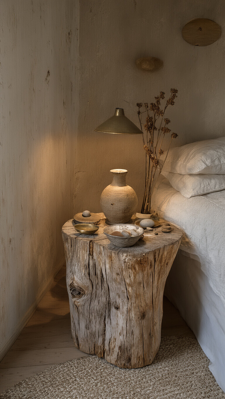 Rustic bedroom alcove with pine side table, vintage ceramic lamp glowing warmly, and artful display of natural found objects in a muted, aged palette.