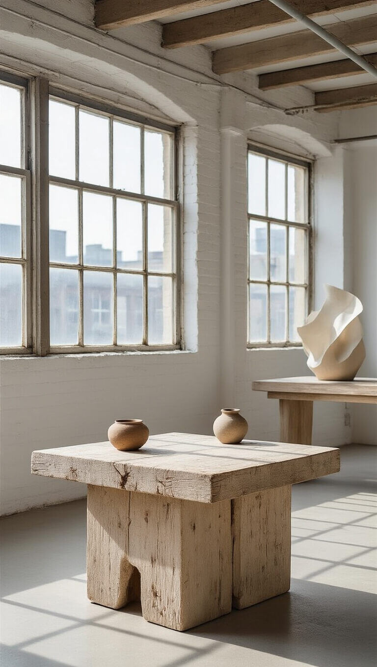 Minimalist artist's loft with natural light, featuring a wabi sabi bleached oak side table, handmade paper sculpture, and rustic pottery.