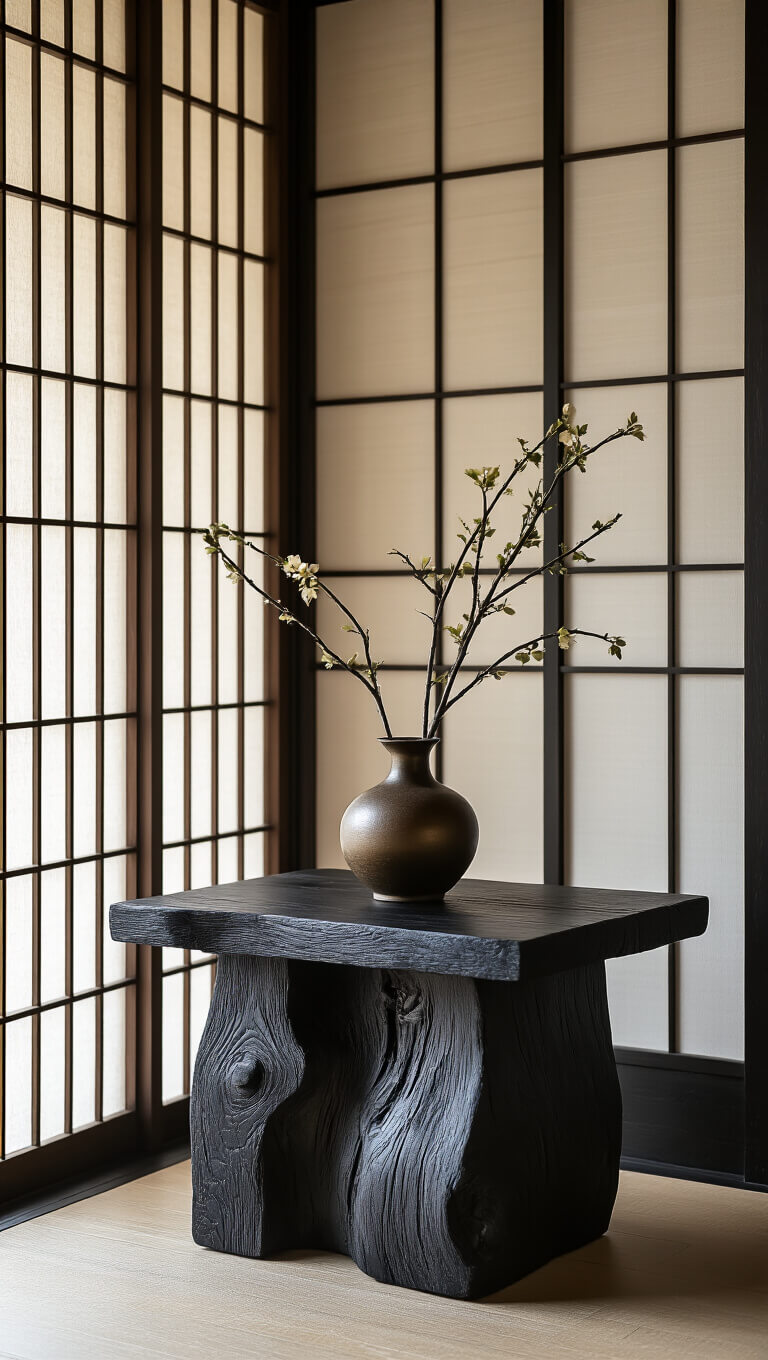 Low-angle view of a sculptural blackened cedar side table in a 6x8ft entryway, softly lit by filtered light through rice paper screens, featuring a bronze ikebana arrangement and traditional Japanese wabi-sabi aesthetics.