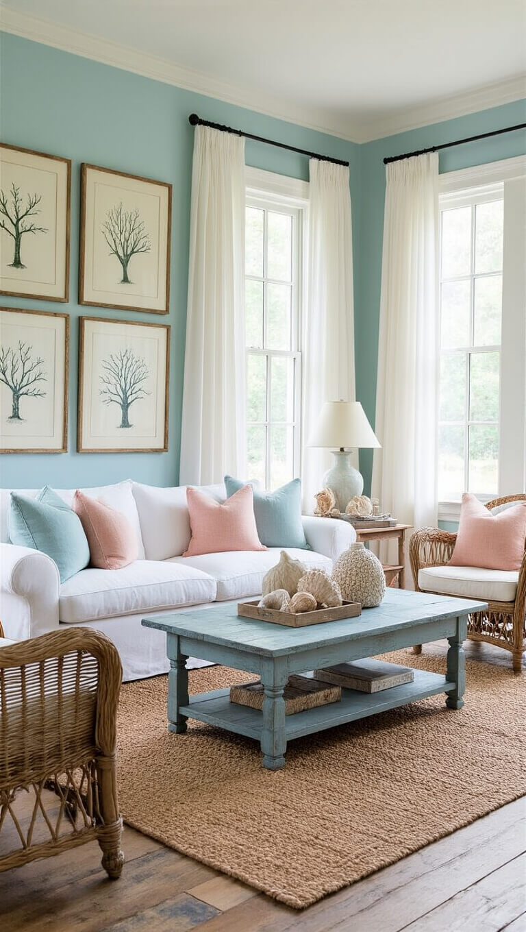 Coastal-inspired living room with sunlit white sofa, blue-gray coffee table, seafoam walls, bay windows, and vintage coastal decor.