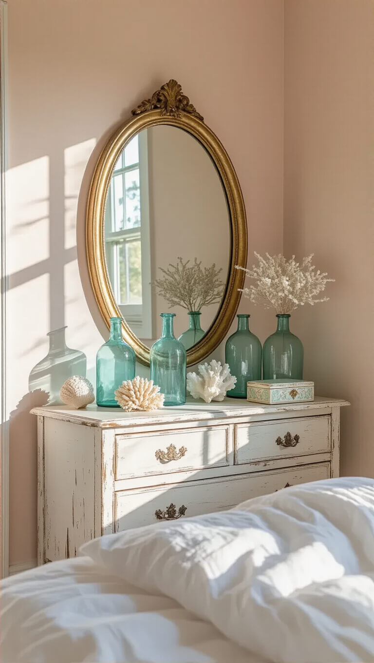 Cozy bedroom corner with distressed white dresser, vintage aqua glass bottles, coral, and mirror reflecting soft shell pink walls and linen bedding in warm afternoon light.