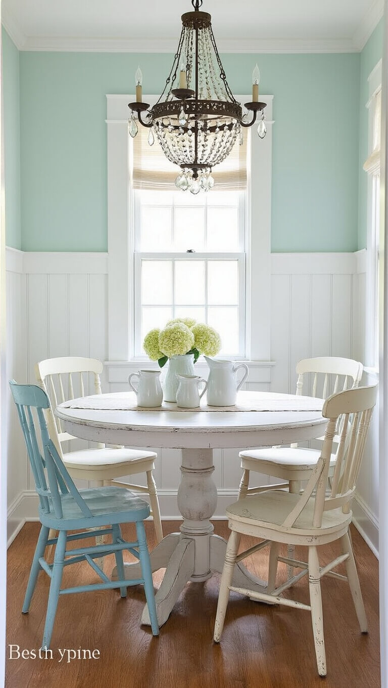 Cozy 10x12ft dining nook with vintage white pedestal table, mismatched blue and cream chairs, crystal-accented chandelier, fresh hydrangeas, and seafoam walls with white beadboard wainscoting.