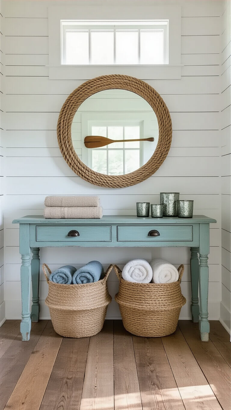 Coastal-style entryway with whitewashed shiplap walls, reclaimed wood floors, a robin's egg blue console table, and nautical decor in soft morning light.