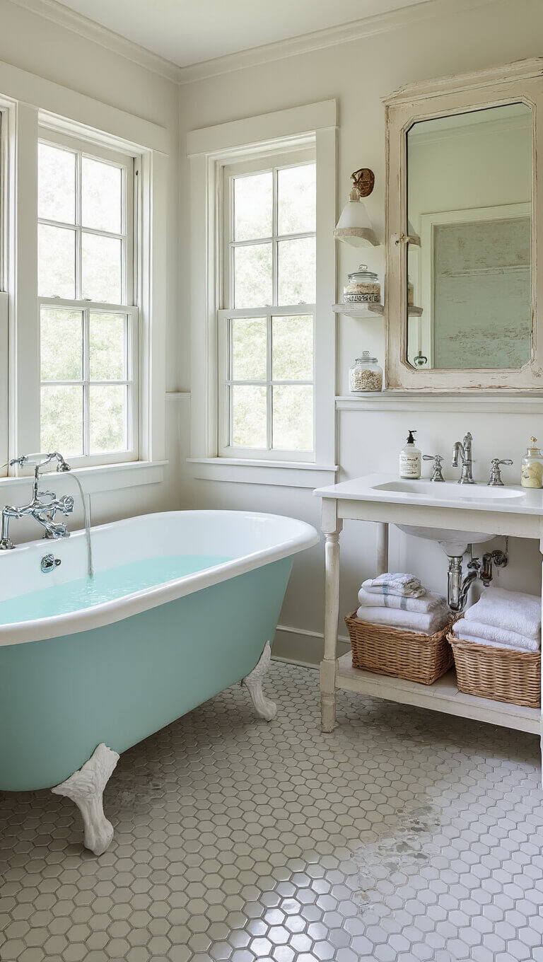 Charming 8x10ft bathroom with pale gray and white hex tile floor, soft aqua clawfoot tub, whitewashed shelves with beach decor, and large cream mirror above pedestal sink.