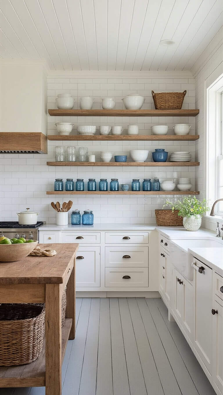 Cozy 12x14ft kitchen with white beadboard ceiling, pale gray floors, subway tile backsplash, reclaimed wood shelves displaying vintage ironstone, blue jars, woven baskets, and a weathered wood island with wire baskets.
