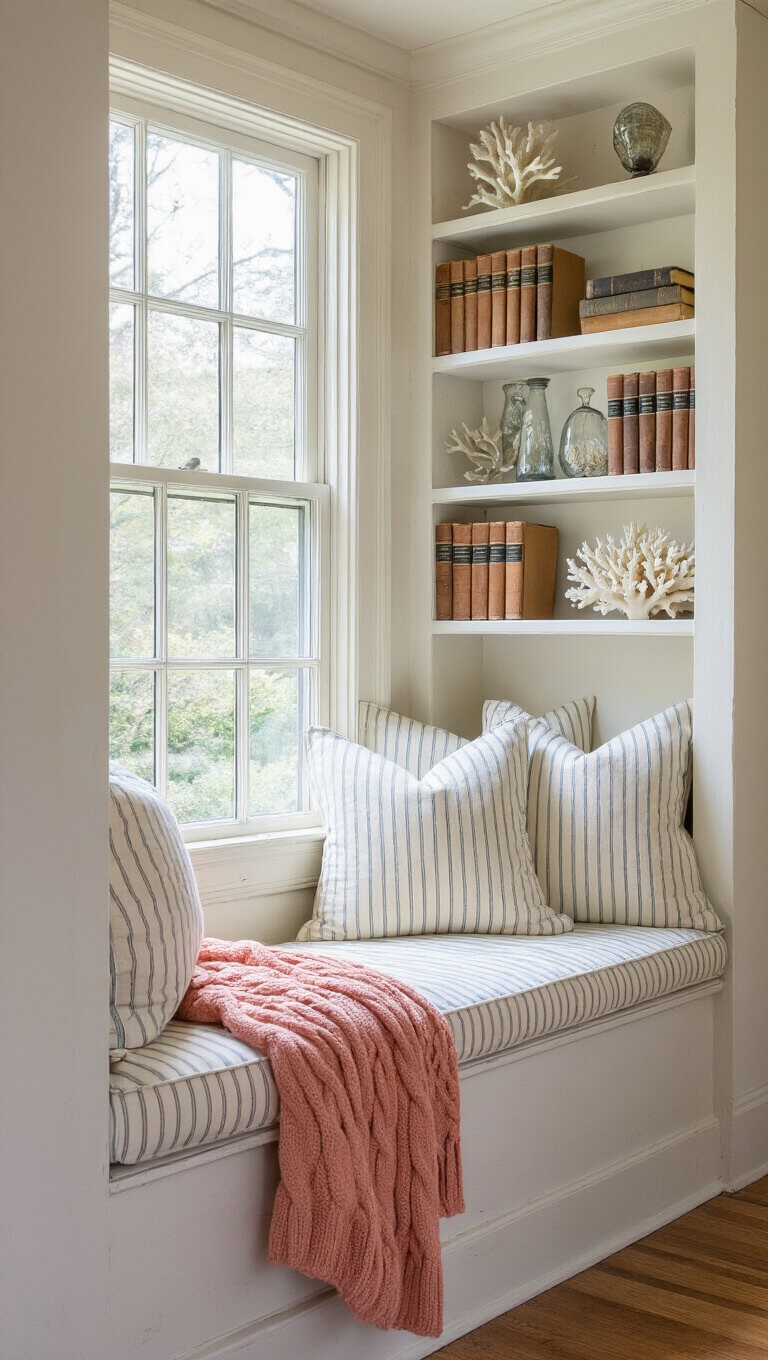 Cozy reading nook in bay window with striped cushions, vintage books, coral decor, and soft blush throw in diffused morning light.