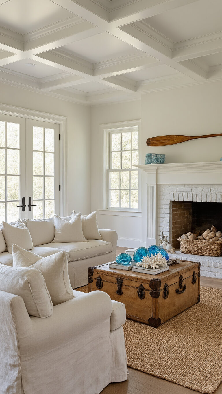 Serene 16x18ft great room with white coffered ceiling, golden hour light, slipcovered linen seating, vintage trunk coffee table, white coral and blue glass floats, and weathered oar above whitewashed brick fireplace.