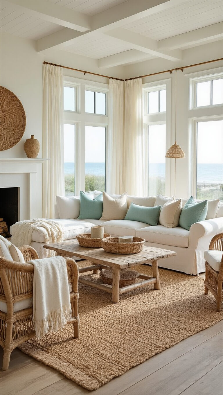 Serene sunlit coastal living room with ivory L-shaped sofa, driftwood coffee table, rattan chairs, and natural textures in a spacious, airy setting.