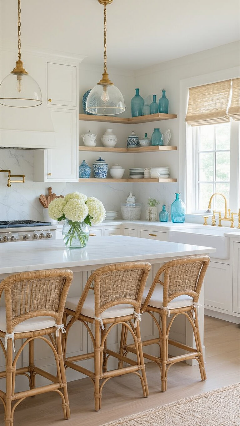 Bright coastal kitchen with white cabinets, marble countertops, rattan stools, and soft blue coastal décor in afternoon sunlight.