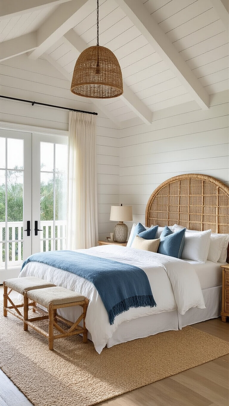 Tranquil beachy master bedroom with king bed, rattan headboard, white shiplap walls, and golden hour light streaming through French doors.