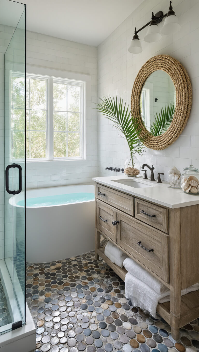Low-angle view of serene coastal bathroom with soaking tub beneath window, driftwood vanity, glass shower, and spa-inspired decor.