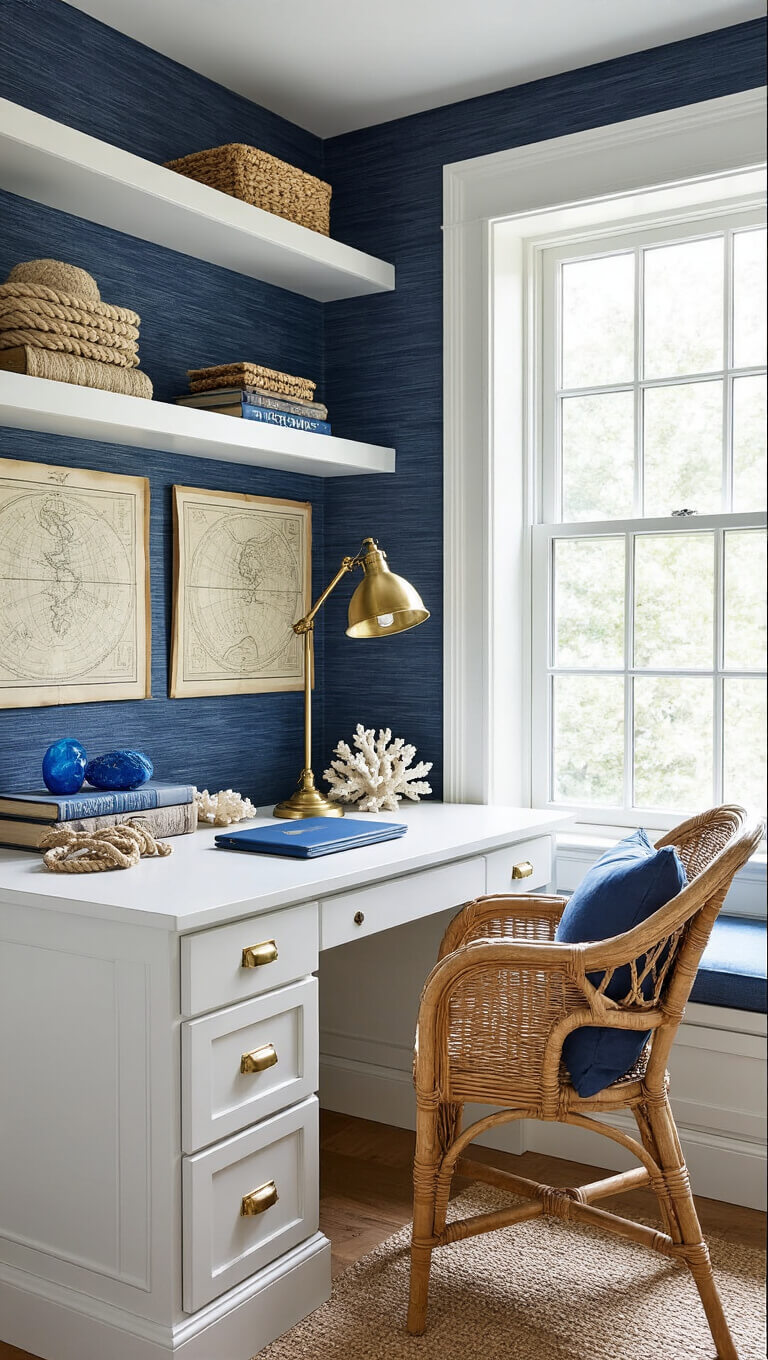 Nautical-themed home office with navy grasscloth wallpaper, built-in shelving, window seat, white desk, rattan chair, and brass lamp, styled with coastal decor and vintage maps.