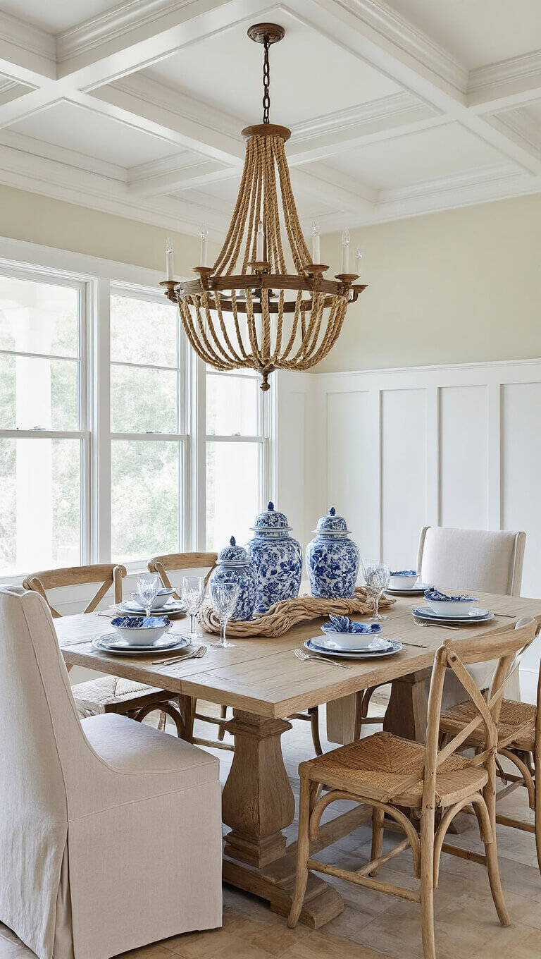 Elegant coastal dining room with coffered ceiling, whitewashed trestle table, crystal chandelier with rope detail, and blue and white decor accents.