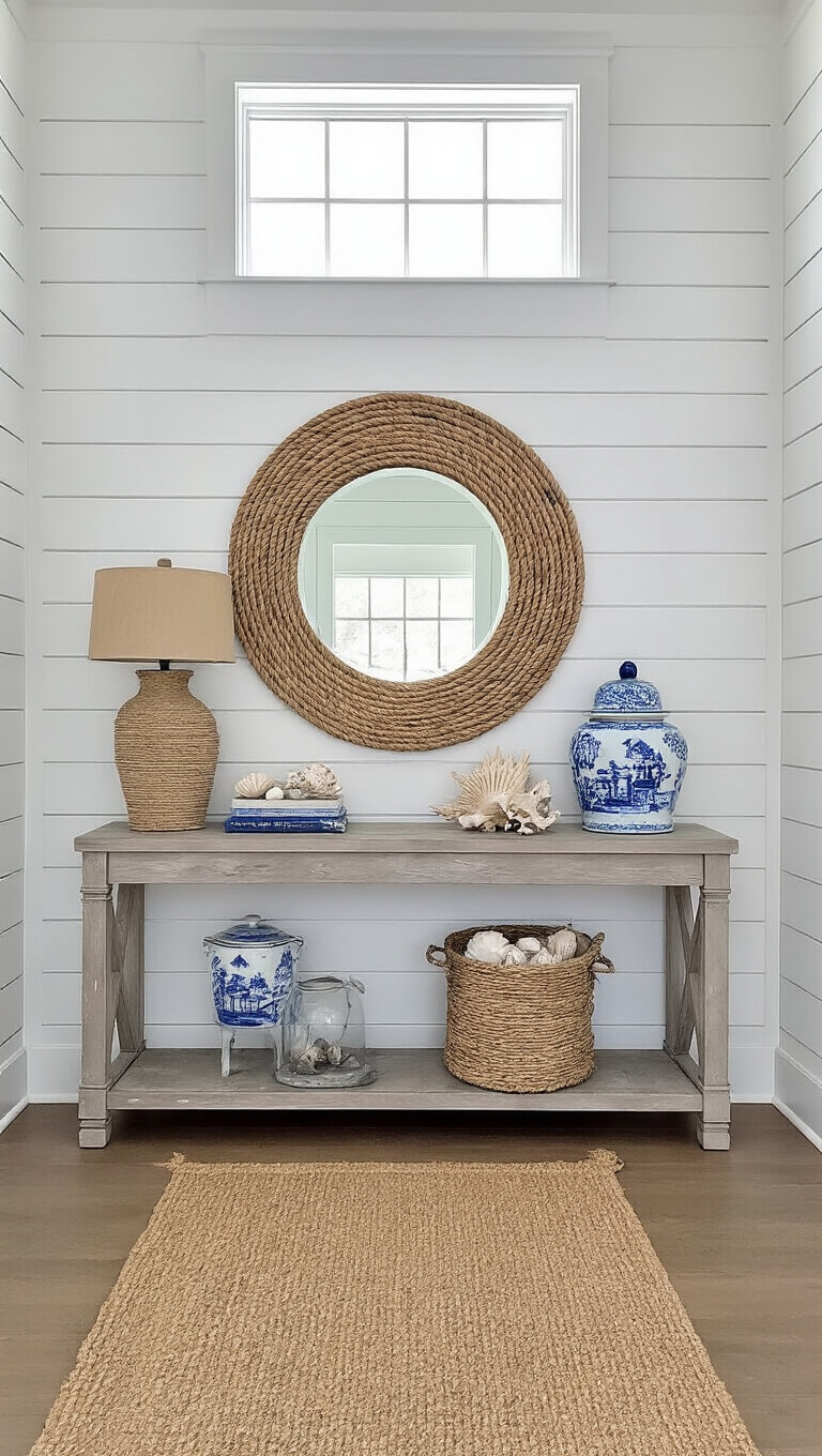 Coastal beach house foyer with shiplap walls, sisal stair runner, gray console table, rope mirror, and nautical décor.