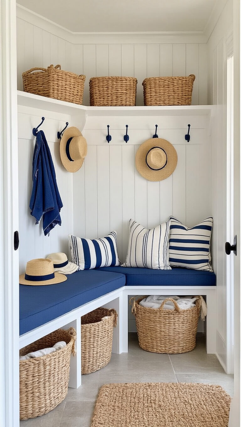 Functional seaside mudroom with white beadboard walls, navy hooks, built-in bench, and natural fiber storage baskets.
