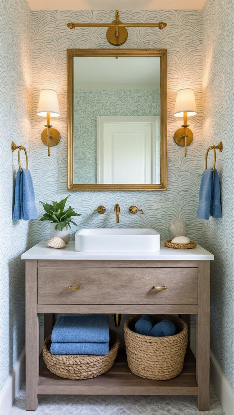 Coastal powder room with wave-pattern wallpaper, brass sconces, rope-wrapped mirror, floating vanity with driftwood-style base, white vessel sink, coastal decor, and blue hand towels.
