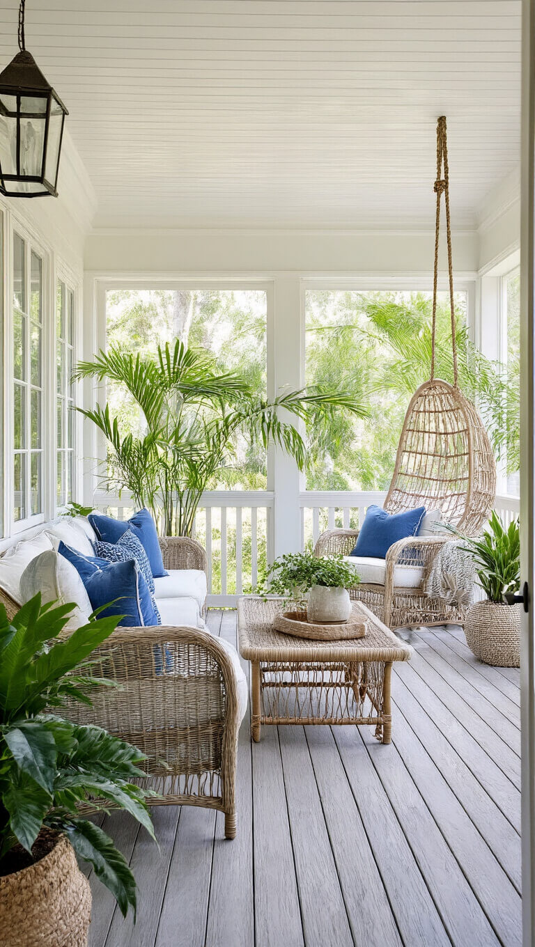 Screened beach house porch with wicker seating, blue cushions, potted palms, rope chairs, and soft afternoon light highlighting indoor-outdoor flow.