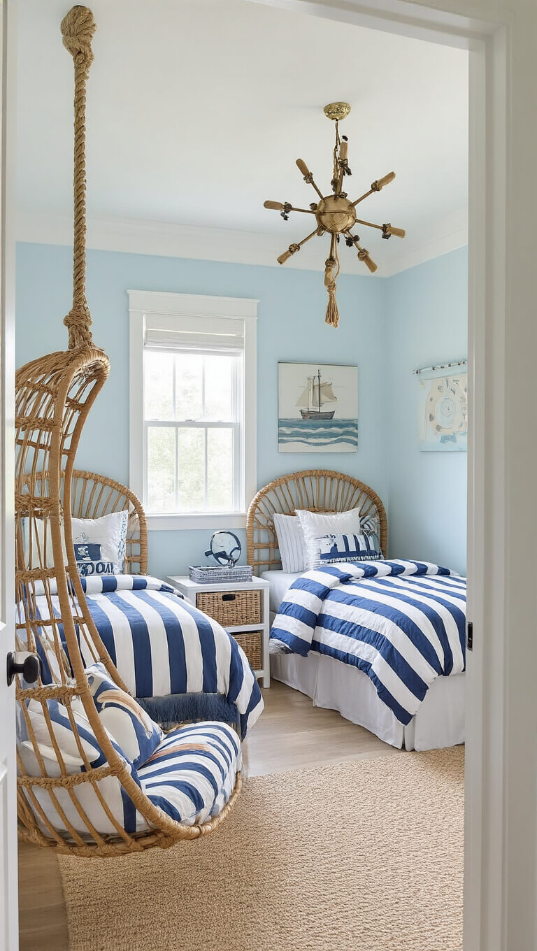 Whimsical coastal kids' room with twin beds, navy striped bedding, rope headboards, rattan hanging chair, and nautical decor in a 12x14ft space.