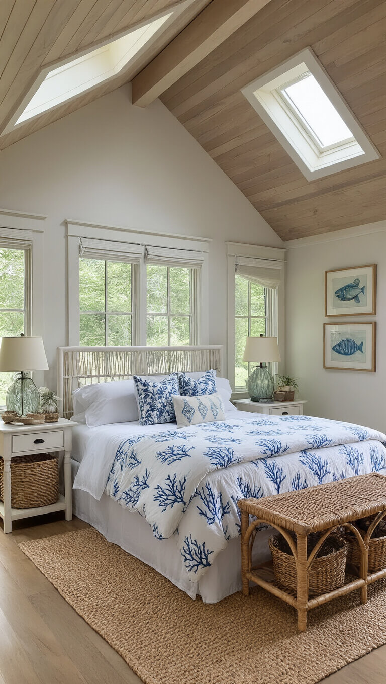 Coastal guest suite with queen bed, blue coral duvet, cathedral ceiling, dormer windows, and serene beach-inspired decor.