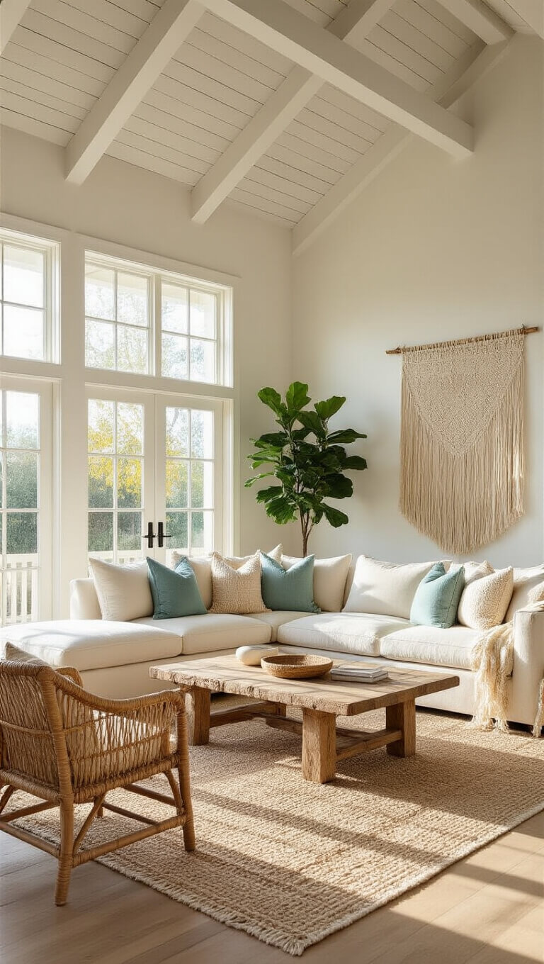 Sunlit living room with linen sectional, textured pillows, rattan chairs, driftwood coffee table, and layered rugs on bleached oak floors.