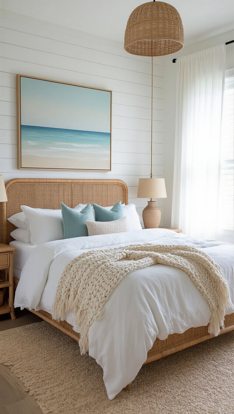 Cozy 12x14ft bedroom with queen bed in white linen, pale aqua throw, rattan headboard, and soft morning light filtering through sheer curtains.