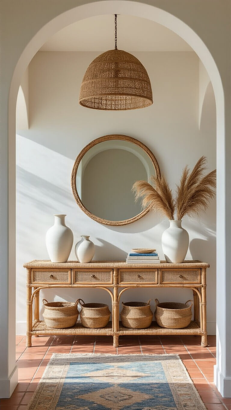 Bright 8x10ft entryway with curved arch, coastal pendant lighting casting shadows, vintage rattan console with white vases and pampas grass, jute mirror, asymmetrical basket wall decor, terracotta tile floor with vintage runner.