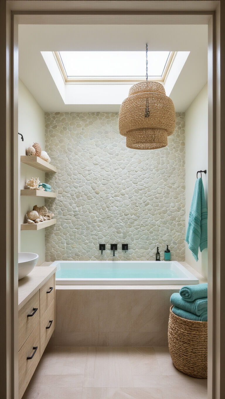 Serene 14x16ft primary bathroom with skylight, freestanding soaking tub against pebble tile accent wall, floating bleached oak vanity with vessel sink, large woven pendant, sea glass Turkish towels, and styled shelves with shells and coral.