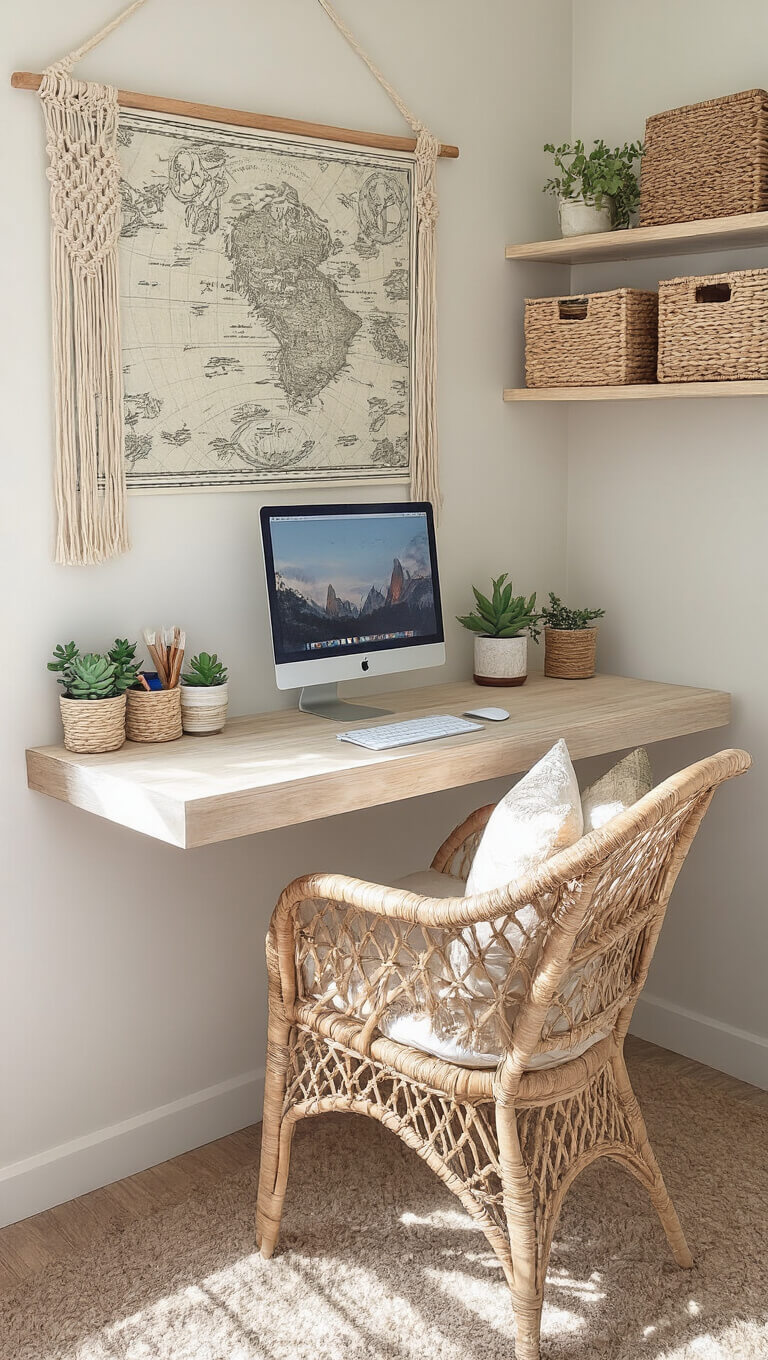 Compact 8x10ft home office nook with floating bleached wood desk, rattan peacock chair, macramé wall hanging, vintage coastal maps, woven baskets on shelves, and potted succulents bathed in mid-morning side light.